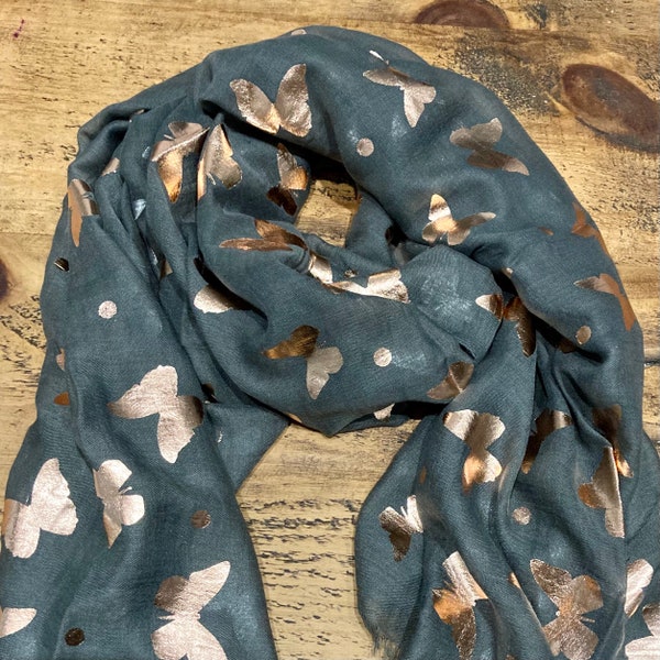 Soft Metallic Foil Butterfly Scarf - Grey & Rose Gold