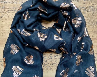 Rose Gold Metallic Heart Print Scarf - Black & Rose Gold