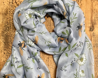 Gorgeous Spring Garden Bee Print Scarf - Blue Grey