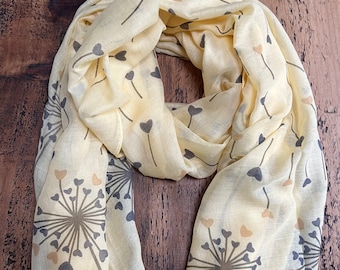 Beautiful Heart Dandelion Print Scarf - Soft Yellow