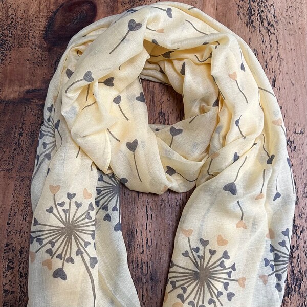 Beautiful Heart Dandelion Print Scarf - Soft Yellow