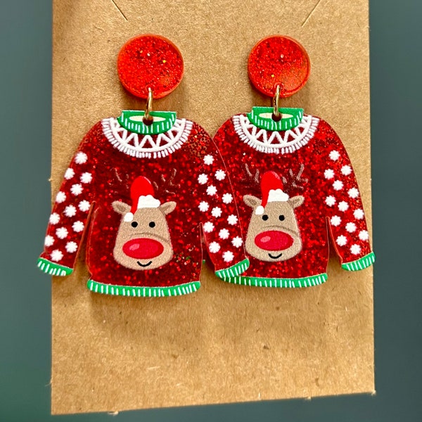 Red Christmas Jumper Earrings with Reindeer