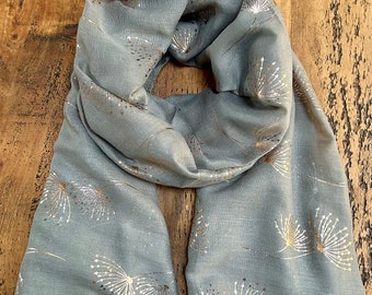 Soft Dreamy Dandelion Print Scarf - Grey & Rose Gold