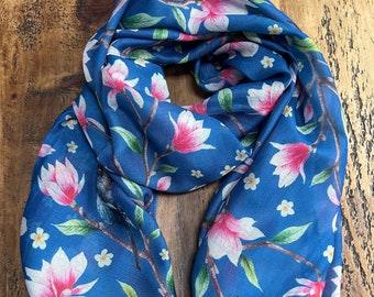 Wunderschöner Schal mit Blumen-Vogel-Print – Blau