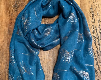 Soft Dreamy Dandelion Print Scarf - Teal & Rose Gold