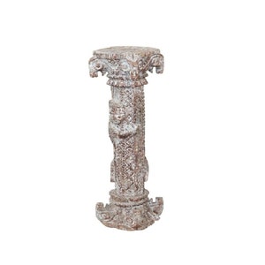Vintage Carved 34" Tall Distressed White Column Display Pedestal | Rustic Reclaimed Farmhouse Style Solid Wood Pillar | Unique Plant Holder