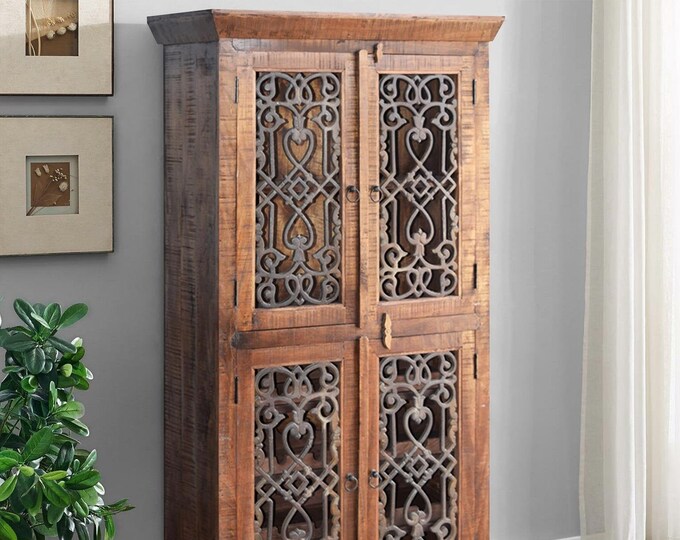 Rustic Iron Grill Armoire Distressed Wood Tuscan Etsy