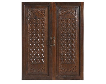 Vintage Carved 24" x 31" Window Shutter Wall Decor | Solid Teak Wood Carved Wall Hanging | Old Indian Wall Panel | Walnut Brown Finish Door