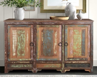 Farmhouse Style Distressed Reclaimed Wood 66 in. Long 3 Door Sideboard