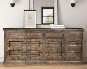 Farmhouse Style Dark Brown Sideboard | Handmade Hand Carved 2 Door Sideboard | Solid Wood Long Credenza Iron Strap Accent