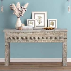 Transitional Modern Hand Carved Solid Wood Console Table | Entryway Living Room Sofa Table | Distressed Green Modern Hallway Table