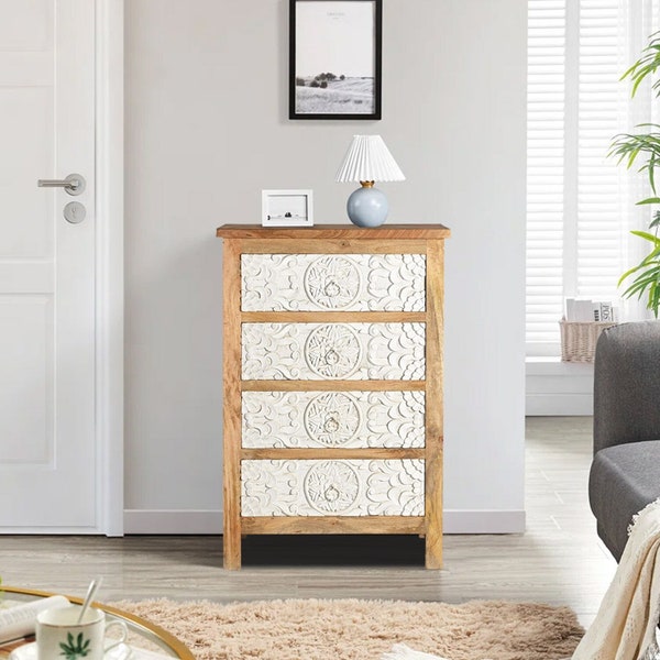 Solid Wood Carved Two-Tone 4 Drawers Nightstand | Farmhouse Boho Bedside Table | 37" Tall Drawer Cabinet | White Distressed Small Chest