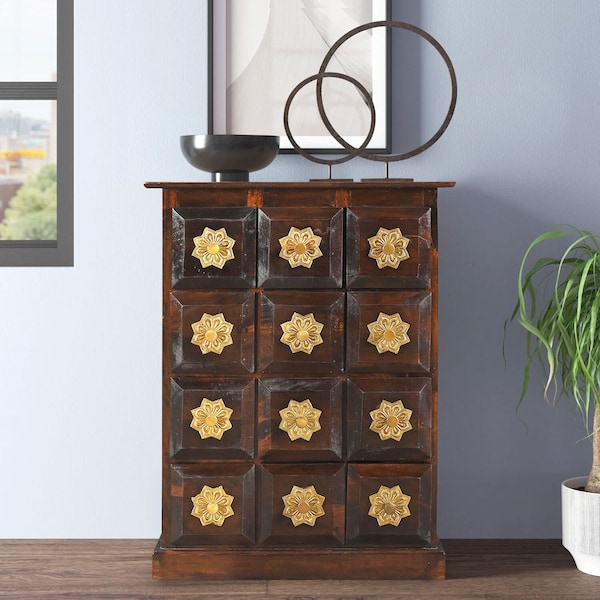 Unique 26" Wide Solid Wood Chest Of Drawers  | 35" Tall Cabinet With Brass Accents | Art Deco Entryway 10" Deep Cabinet | Narrow Foyer Table