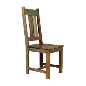 Reclaimed Wood Dining Chair With Distressed Paint | Farmhouse Style Solid Wood Chair | Coastal Cabin Accent Chair | Hardwood Sturdy Seat