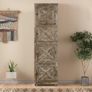 79 inch Tall Farmhouse Style Solid Wood Linen Closet | Rustic Modern Bedroom Storage Armoire | Unique Cubby Style Distressed Cupboard