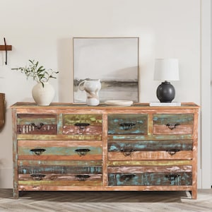 Farmhouse Style Reclaimed Wood 72 in. Long 8-Drawers Bedroom Dresser, Solid Wood Dresser, Bedroom Cabinet, Dresser Chest of Drawers