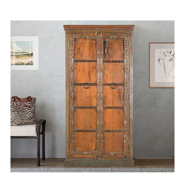 Vintage Carved Doors Repurposed 76" Tall Bedroom Armoire | Solid Wood Cupboard | Farmhouse Style Closet | Distressed Wooden Wardrobe