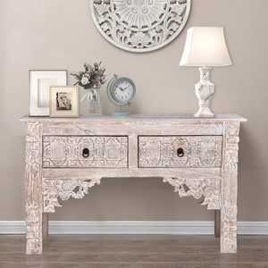 Handmade Hand Carved Foyer Table With 2 Drawers | Distressed Off White Console Table  | transitional Boho Sofa table | Entryway hall Table