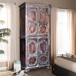 90&quot; Tall Vintage Solid Wood Armoire | French Antique Style Distressed Armoire | Closet With Hanging Rod | Hand Carved Wardrobe Cupboard