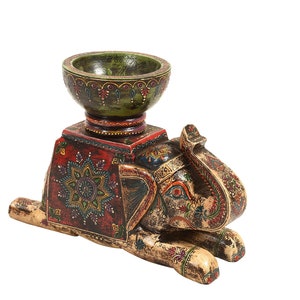 Unusual Wooden Royal Painted Elephant Candle Holder | Artistic Indian Handicraft | Eclectic Elephant Statue Bowl | Unique Home Decor
