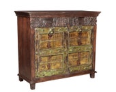 Rustic Antique Door Repurposed Cabinet Carved Spanish Colonial Credenza Farmhouse Distressed Green Chest Eclectic Boho Chic Entry Table