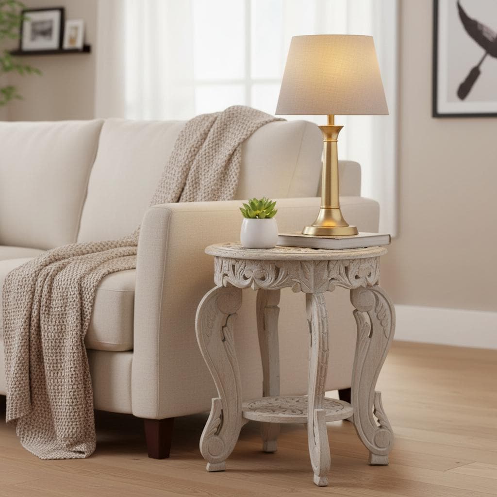 Hand Carved Wood Side Table | 18" Round Jaali Lattice Accent Table ...