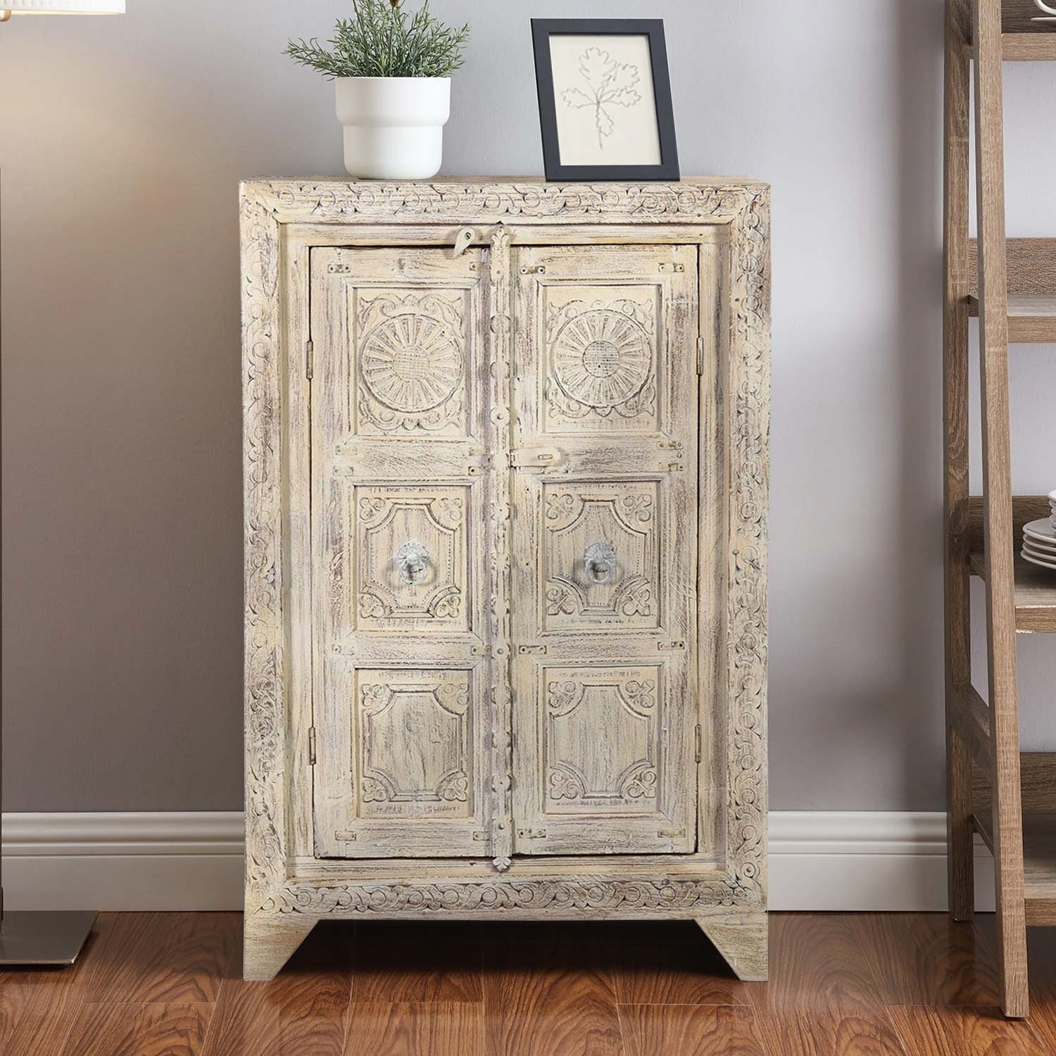 Farmhouse Style Distressed White 2 Door Carved Cabinet | Boho Chic Solid  Wood 29” Wide Storage Cabinet | Rustic Modern 15” Narrow Chest - Etsy, image size:1500x1500