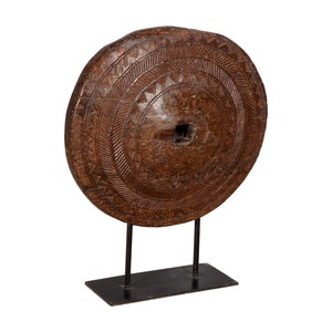 Ranch Style Late 1800s Antique Wooden Carved Wheel On Display Stand | Rustic Farmhouse Decor | Large Garden Sculpture | Mancave Country Art