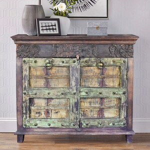 Handmade Hand Carved Solid Wood Cabinet | Rustic Farmhouse Small Gray Buffet | Hallway Sideboard | Indian Style Entryway Table