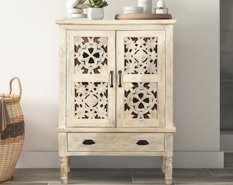 Farmhouse Style Lattice Carved 32" Wide Cabinet | Distressed White Solid Wood Chest | 2 Doors Drawers Entryway Table | Boho Storage Cabinet