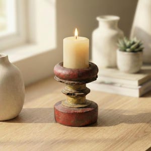 Rustic Wooden Candle Holder | Vintage Bedpost Candle Stand | Distressed Painted Candlestand | Farmhouse Boho Eclectic Decor | Christmas Gift