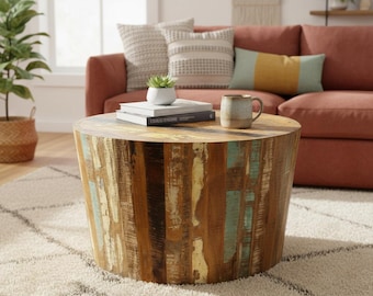 Farmhouse Style Painted Reclaimed Wood Repurposed 30" Round Coffee Table | Coastal Cabin Look Accent Table | Solid Wood Living Room Table