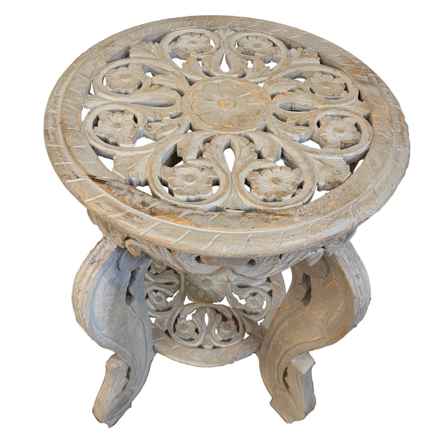 Hand Carved Wood Side Table | 18" Round Jaali Lattice Accent Table ...