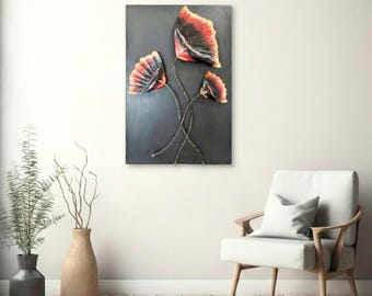 3D Metal Floral Wall Decor | Hand Painted Flower Sculpture on Wood Panel | Large Vertical Botanical Art | Modern Home Housewarming Gift