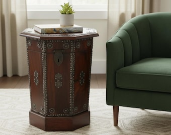 Transitional Style Solid Wood Chest End Table With Metal Accents | Mid Century Modern Side Table | Unique Accent Table With Storage