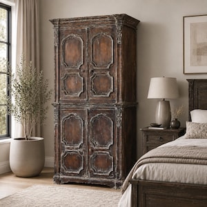 May include: A tall, dark brown wooden armoire featuring four cabinet doors with raised, arched panel detailing. The finish appears weathered with visible distressed textures, decorative carved vertical accents, and small round knobs.