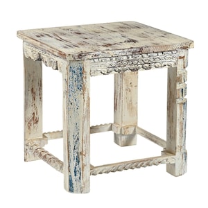 Farmhouse Style Hand Carved 20&quot; Square Side Table in Distressed White Finish | Boho Chic Coastal Wooden End Table | Rustic Accent Table