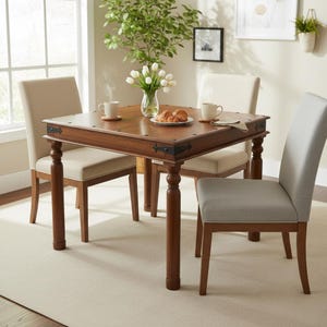 May include: A square wooden dining table with four chairs. The table is dark brown with decorative metal corner brackets. The chairs have upholstered seats in beige and gray. A vase of white tulips and two croissants are on the table.