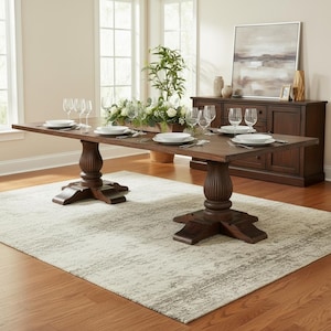 Long 118 Inch Solid Teak Wood Dining Table | Hand Carved Pedestal Base 10 Seater Kitchen Furniture | Large Farmhouse Conference Table