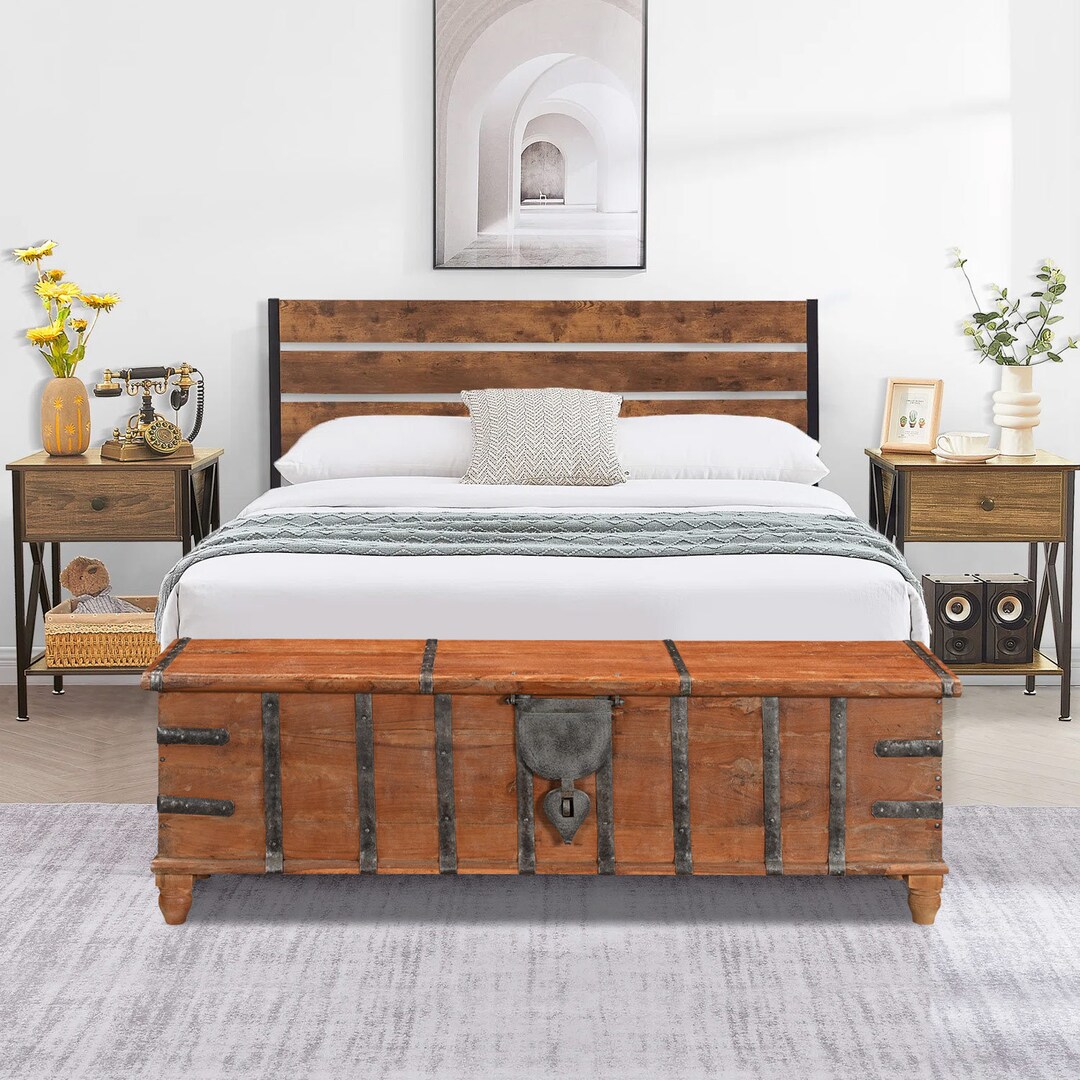 50 Long Rustic Teak Wood Bed End Blanket Chest With Iron Accents
