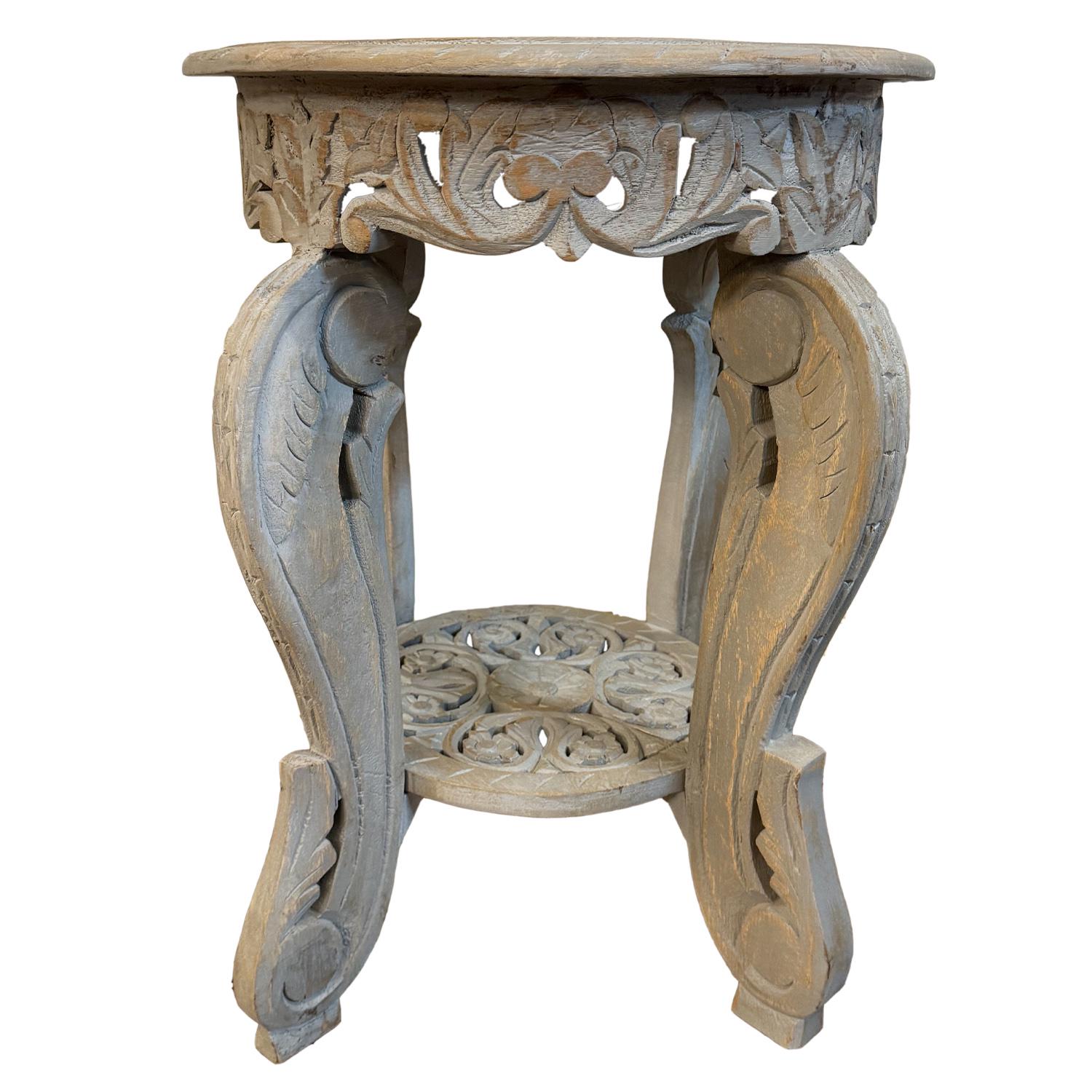 Hand Carved Wood Side Table | 18" Round Jaali Lattice Accent Table ...