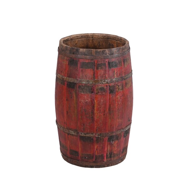 Vintage 24" Tall Wooden Barrel In Distressed Red Finish | Rustic Planter | Mancave Decor | Old Aged Drum | Farmhouse Style Barrel Table