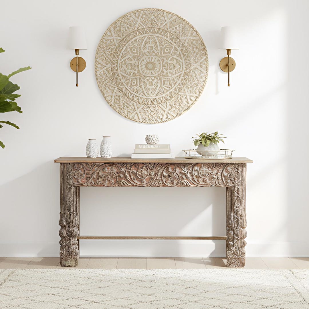 60" Reclaimed Teak Wood Console Table | Distressed White Farmhouse Sofa ...