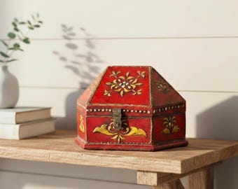 Handcrafted Mango Wood Jewelry Box | Artistic Hand Painted Small Keepsake Chest | Unique Indian Storage Organizer |Boho Chic Red Copper Gift