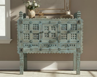 Vintage Distressed Blue Handcarved Solid Wood Unique Entryway Cabinet | 43" Wide Indian Dhamchiya | Boho Chic Console Table