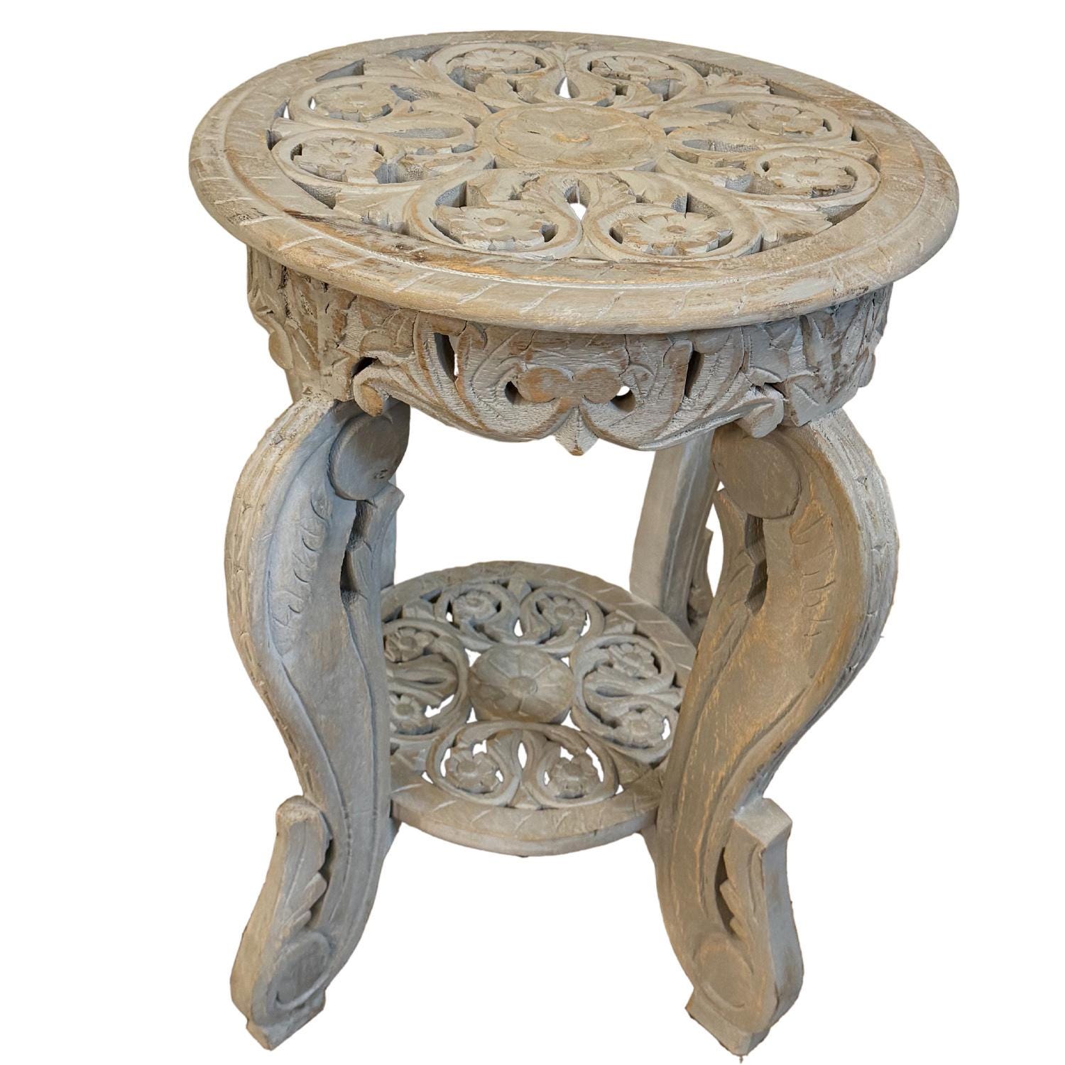 Hand Carved Wood Side Table | 18" Round Jaali Lattice Accent Table ...