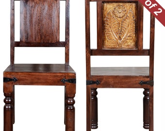 Transitional Style Floral Carved Mango Wood Dining Chair Set of 2