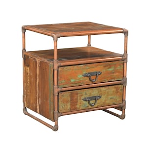 Eclectic Reclaimed Wood And Copper Pipes Repurposed 22&quot; Wide Nightstand With Drawers | Farmhouse Style Bedside Table | Industrial Side Table