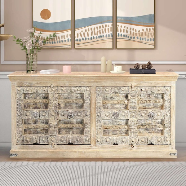 Antique Lotus Carved Doors Upcycled 85" Long Solid Wood Sideboard | Distressed White Ranch Style Credenza | Large Wooden Buffet Cabinet