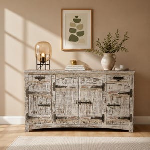 May include: A rectangular wooden sideboard with a distressed white finish, featuring two central doors and two side cabinets. It has dark metal strap hinges, latch hardware, and drawer pulls. The piece stands on a flat base with a curved bottom edge.